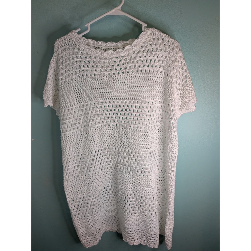 Womens White Crochet Knit Short Sleeve Top Open Work Pointelle Boho Large
